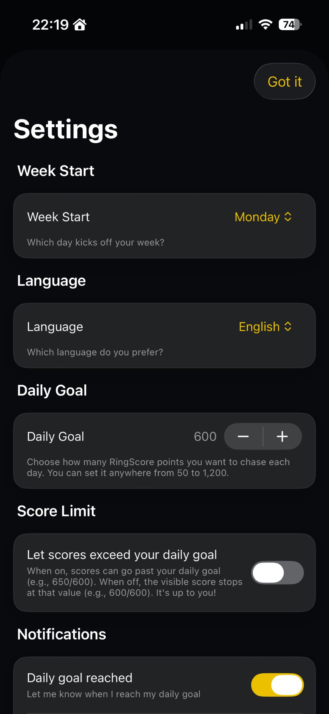 Settings and Daily Goal